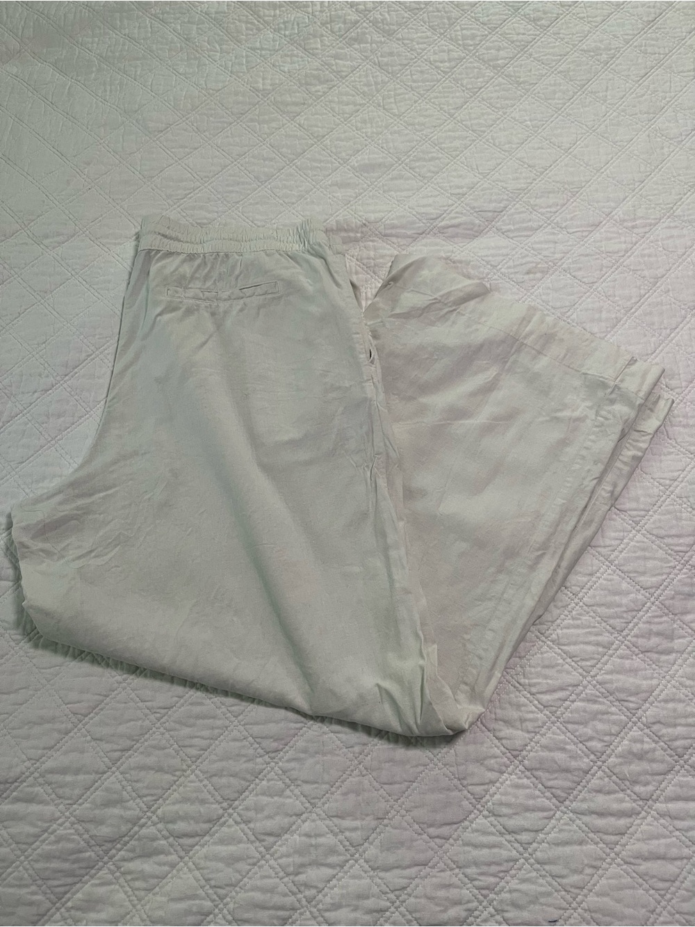 Wide leg White Linen Elastic Waist Drawstring Pants XL